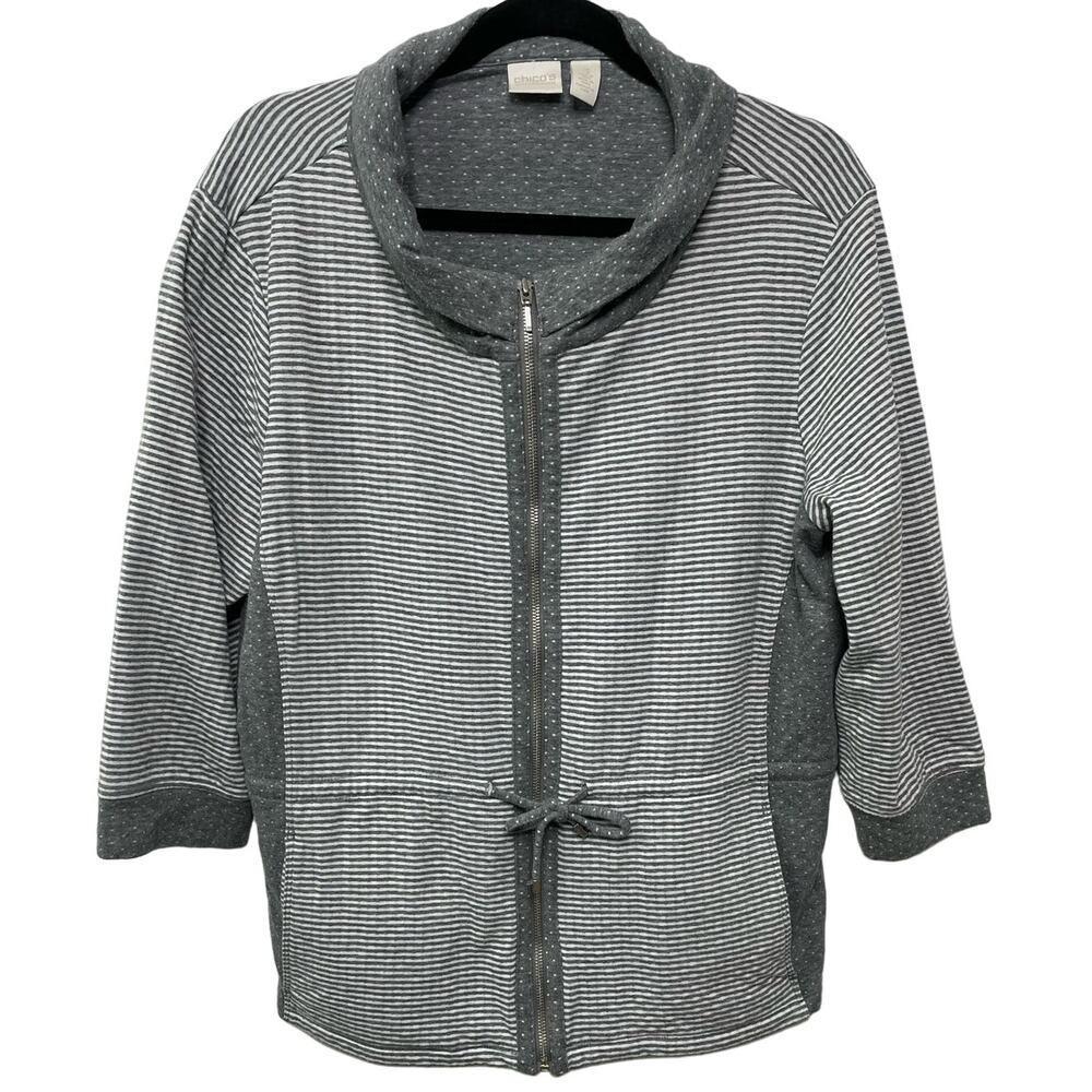 Chico's Collection Striped Full Zip Jacket Long Sleeve‎ Cowl Neck Gray Women 3 L